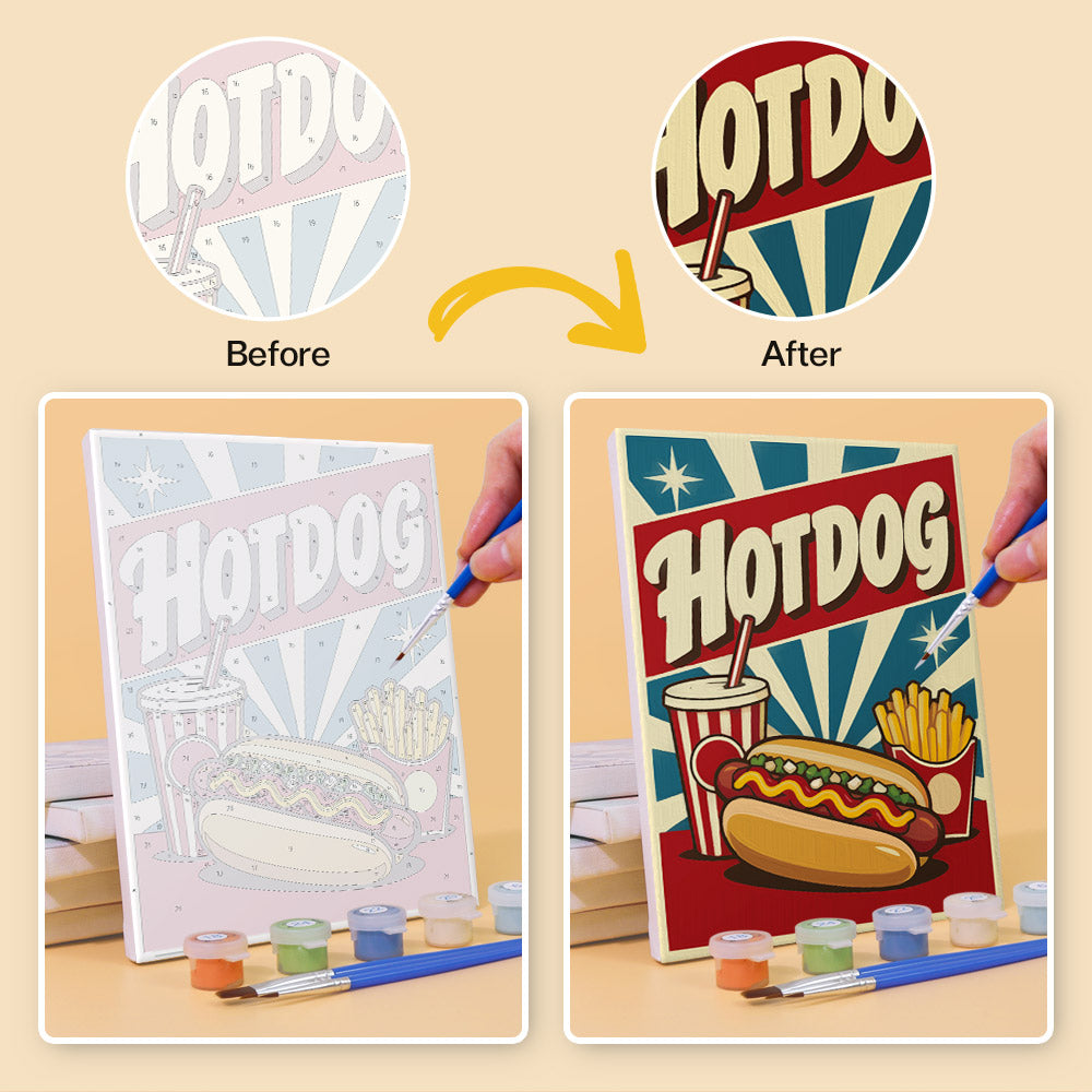 Before and after of a Snack Bar Classics mini paint by numbers canvas