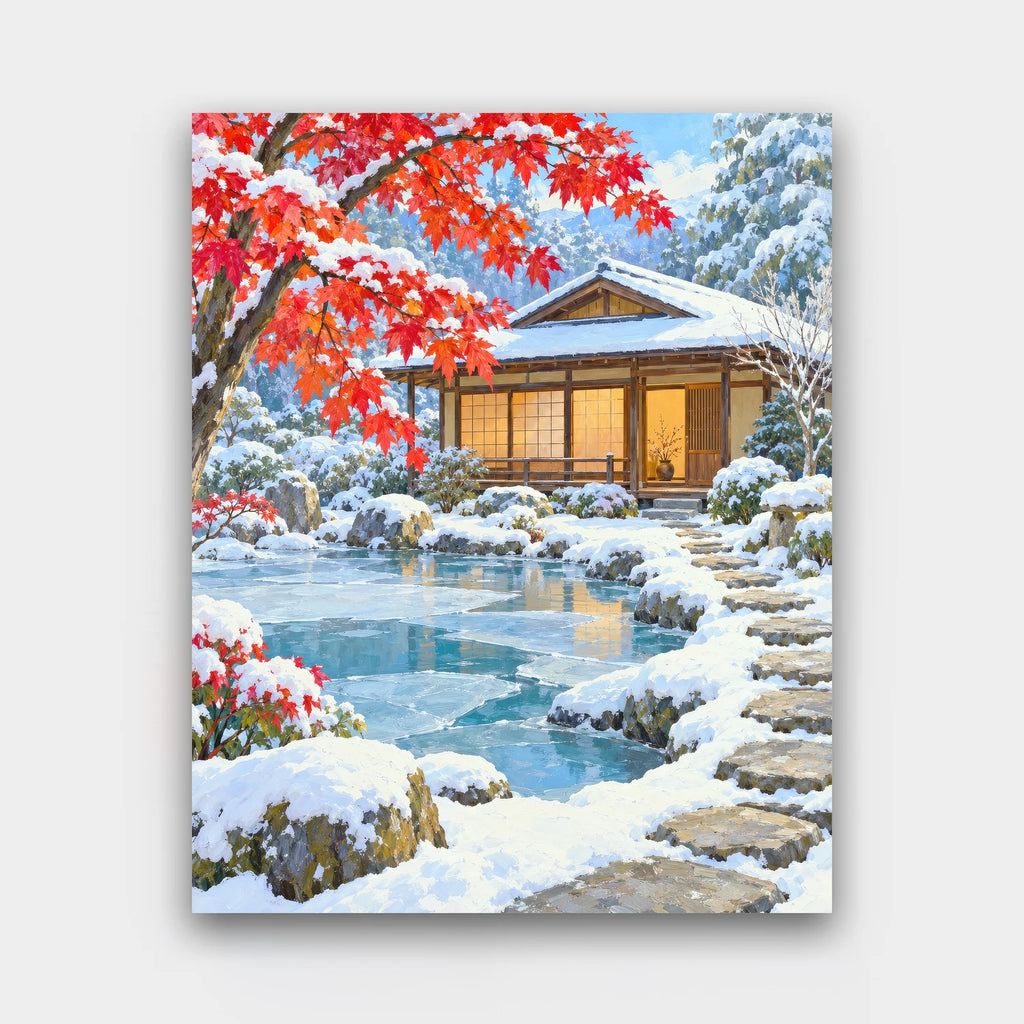 Snow at the Tea House paint by numbers kit of a Japanese tea house in a snowy garden with a red maple and a frozen pond