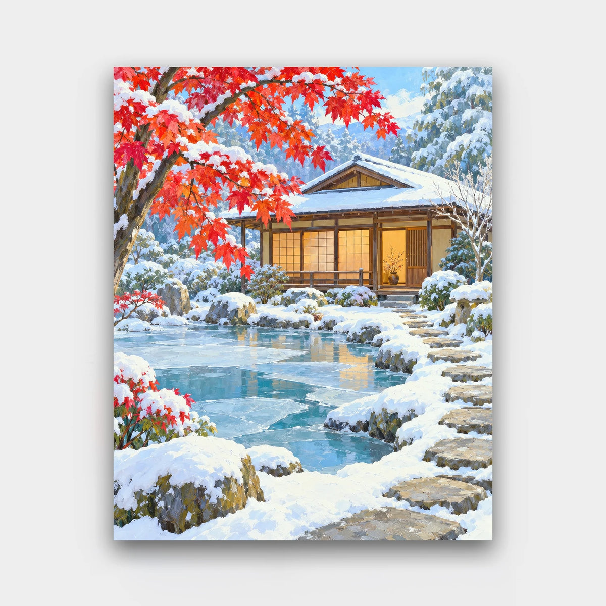 Snow at the Tea House paint by numbers kit of a Japanese tea house in a snowy garden with a red maple and a frozen pond