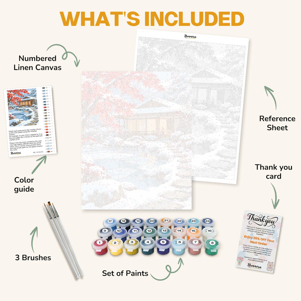 What's included in the Snow at the Tea House paint by numbers kit: numbered linen canvas, reference sheet, color guide, 24 acrylic paints, 3 brushes and thank you card