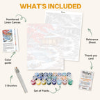 What's included in the Snow at the Tea House paint by numbers kit: numbered linen canvas, reference sheet, color guide, 24 acrylic paints, 3 brushes and thank you card
