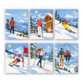 Snow Day Skiers mini paint by numbers set: six designs of skiers, a chalet, slalom racing and a chairlift in snowy mountains