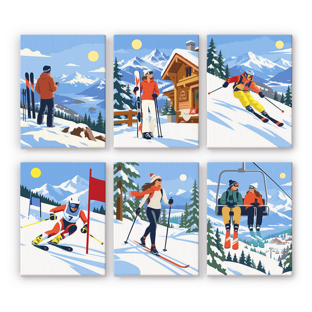 Snow Day Skiers mini paint by numbers set: six designs of skiers, a chalet, slalom racing and a chairlift in snowy mountains
