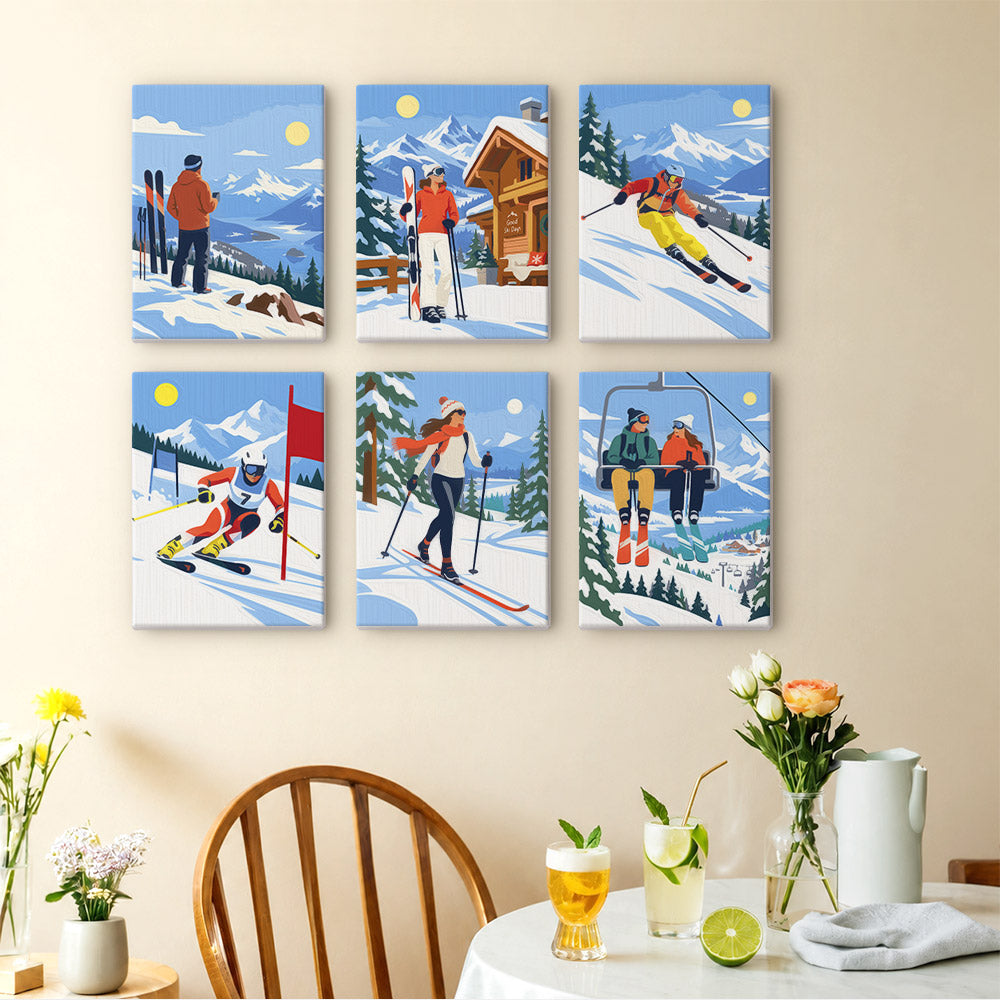 Snow Day Skiers mini paintings displayed as a gallery wall in a sunny kitchen
