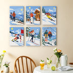 Snow Day Skiers mini paintings displayed as a gallery wall in a sunny kitchen