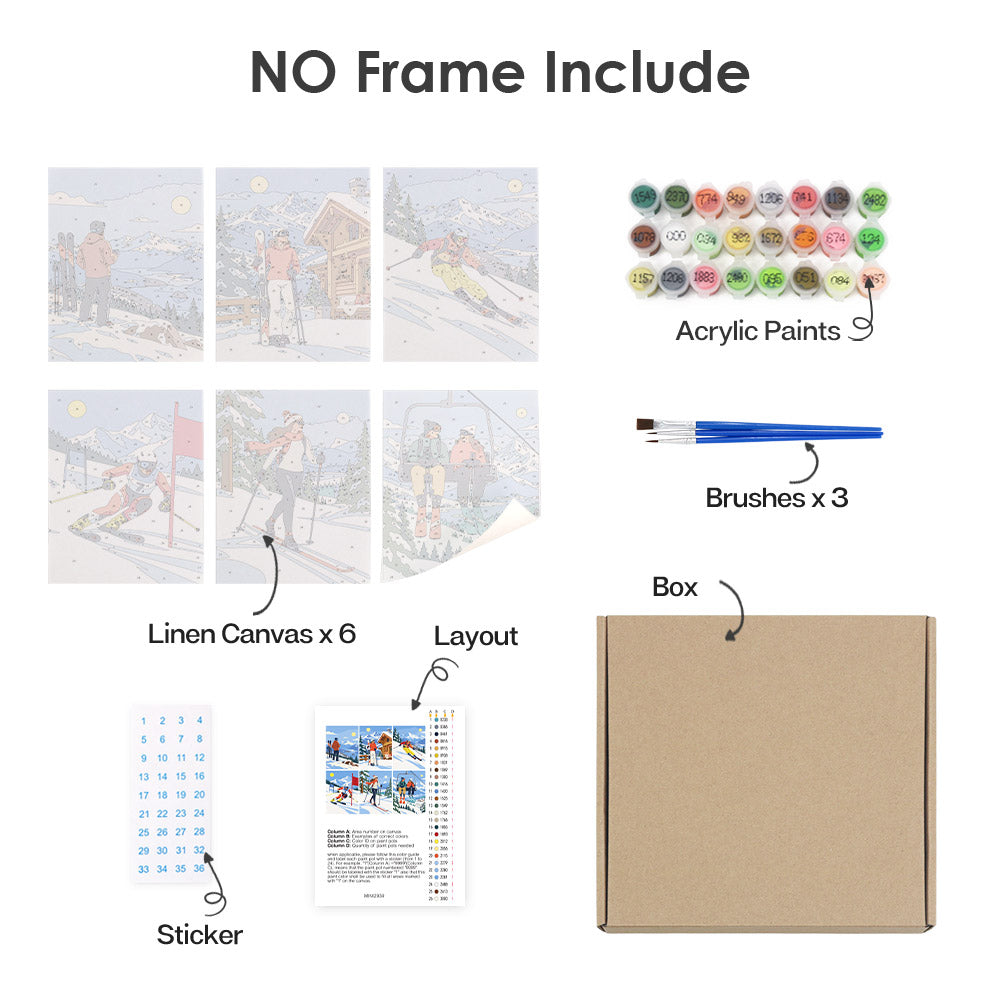 What's included without a frame: six rolled Snow Day Skiers mini canvases, acrylic paints, three brushes and layout
