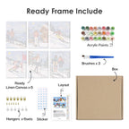 What's included pre-stretched on frame: six framed Snow Day Skiers mini canvases, paints, three brushes, hangers and layout