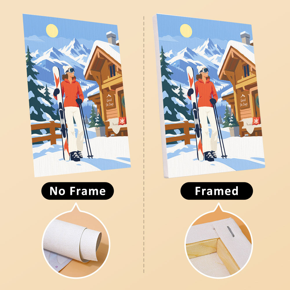 Snow Day Skiers mini canvas shown rolled without a frame and pre-stretched on a frame