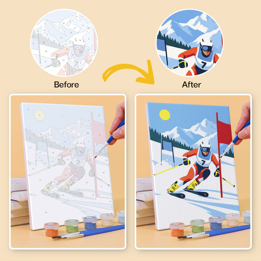 Before and after of a Snow Day Skiers mini paint by numbers canvas