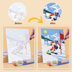 Before and after of a Snow Day Skiers mini paint by numbers canvas