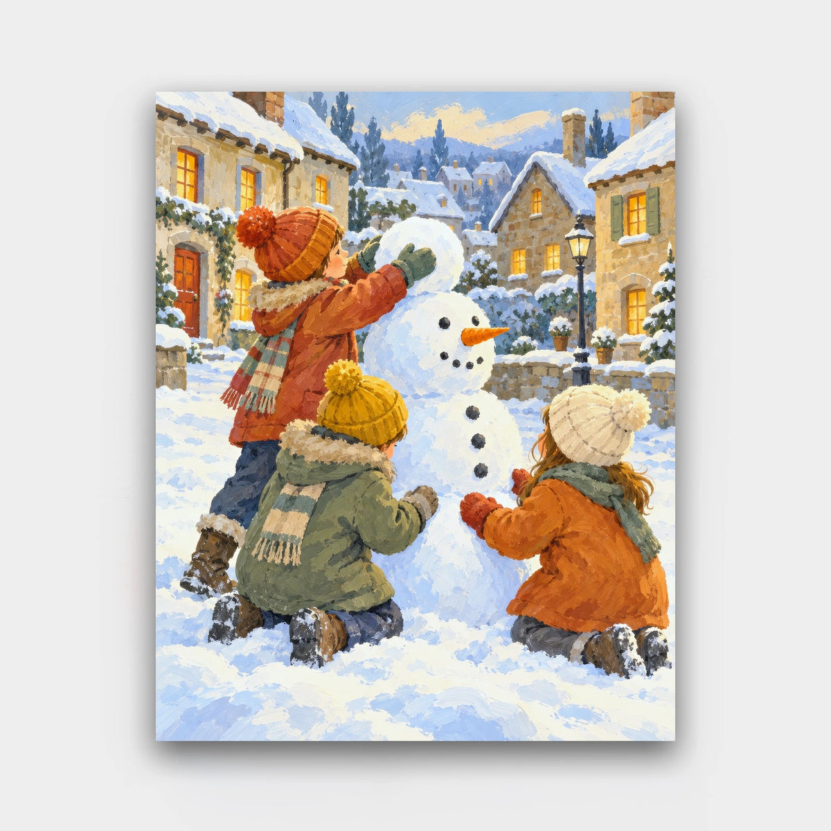 Snowman Builders paint by numbers kit of three children in knitted hats building a snowman in a snowy village square