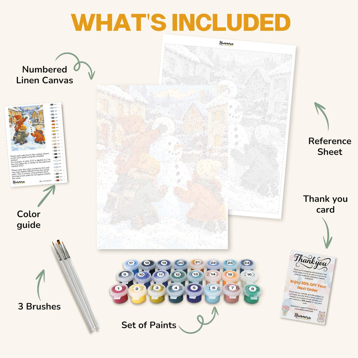 What's included in the Snowman Builders paint by numbers kit: numbered linen canvas, reference sheet, color guide, 24 acrylic paints, 3 brushes and thank you card