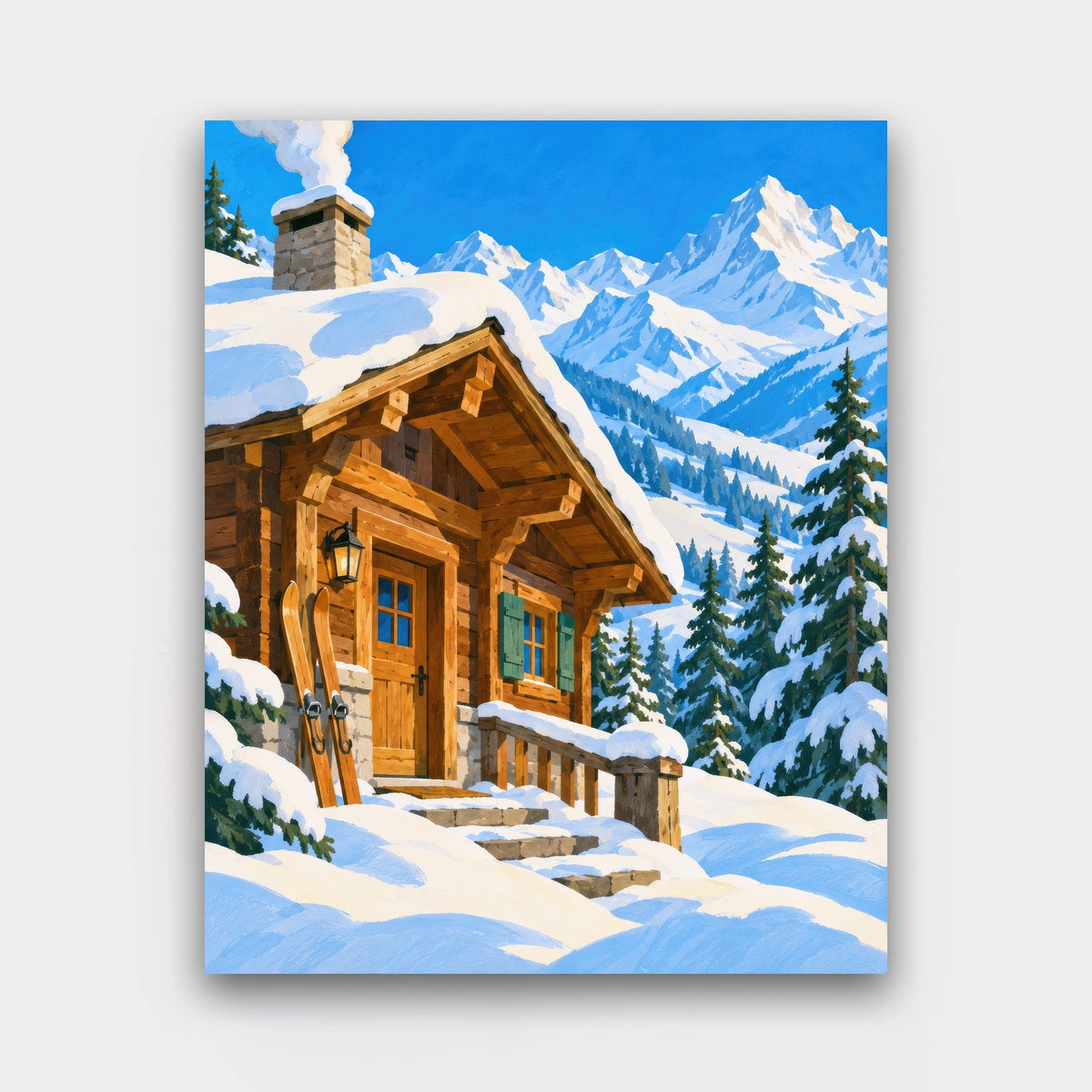 Snowy Chalet Morning paint by numbers kit of a wooden ski chalet with skis and a lantern in deep snow below alpine peaks