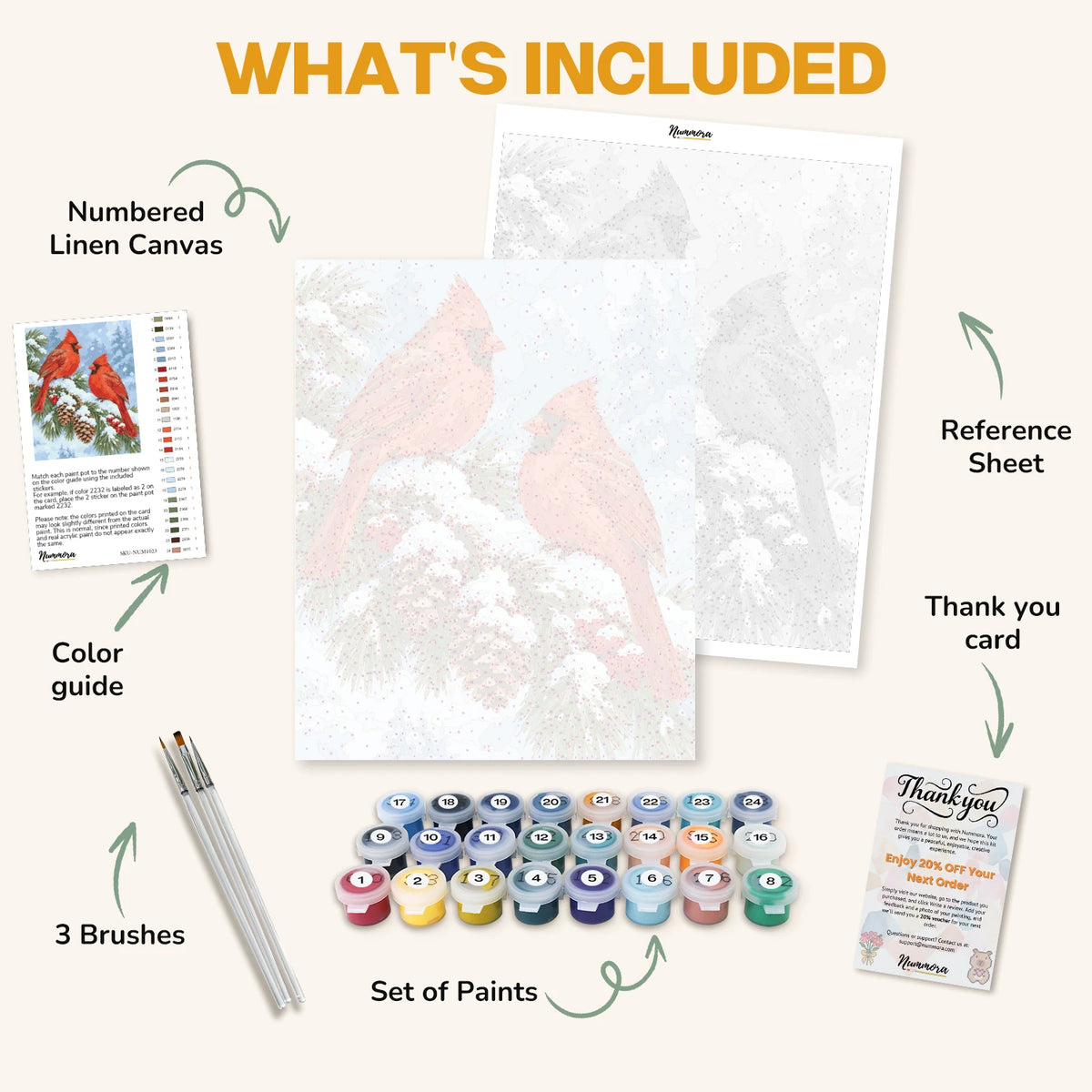 What's included in the Snowy Pine Cardinals paint by numbers kit: numbered linen canvas, reference sheet, color guide, 24 acrylic paints, 3 brushes and thank you card