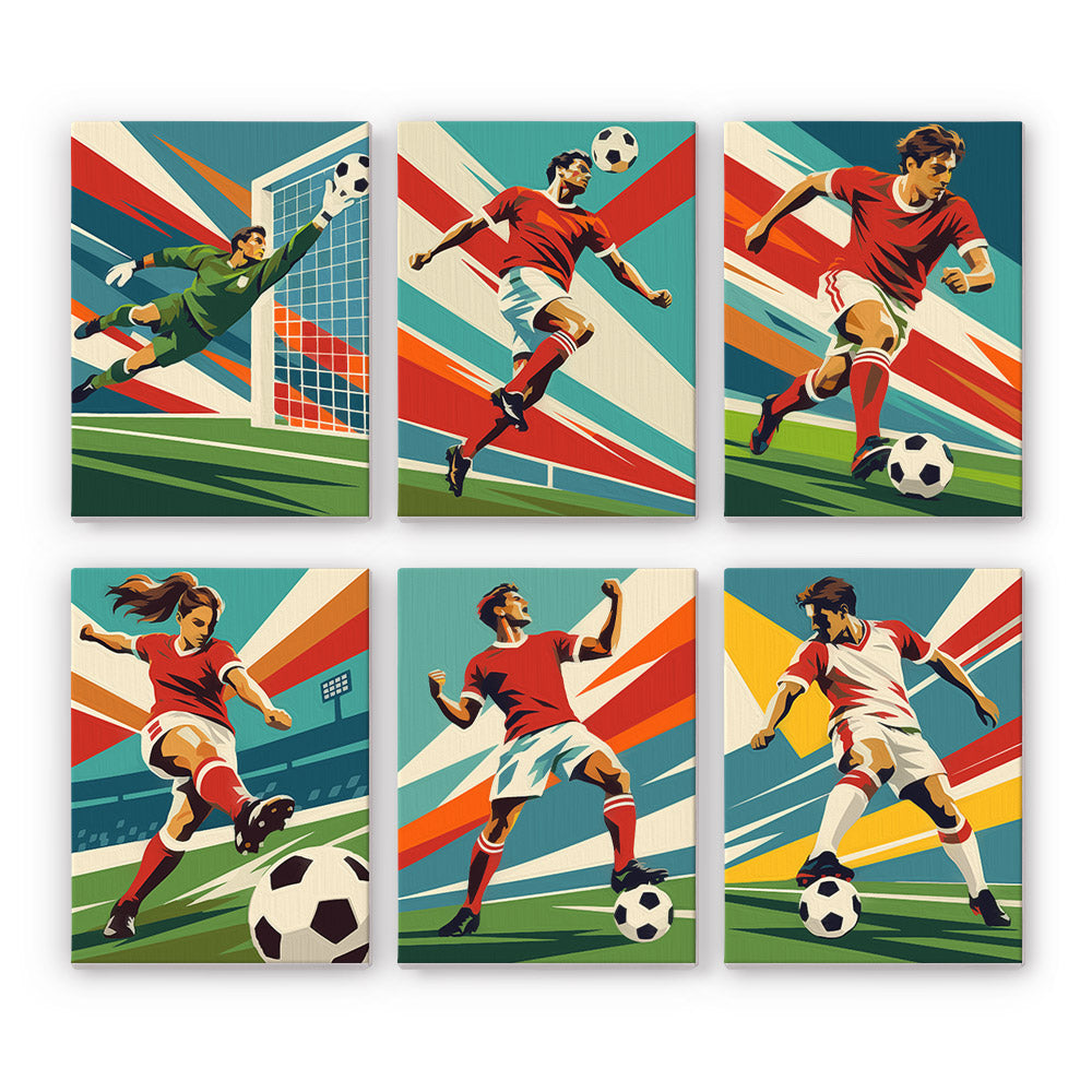 Soccer Glory mini paint by numbers set: six retro soccer posters of players diving, heading, striking and celebrating