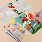 Filling in a Soccer Glory mini canvas with numbered acrylic paints and a fine brush