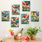 Six finished Soccer Glory mini paintings hung on a wall above a table