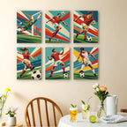 Soccer Glory mini paintings displayed as a gallery wall in a sunny kitchen