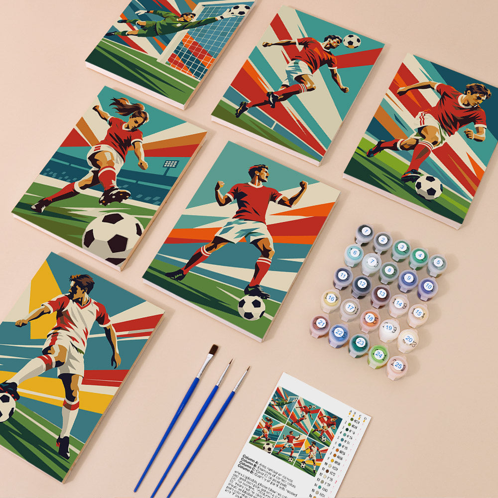 Soccer Glory mini paint by numbers kit with six numbered canvases, acrylic paints, brushes and layout