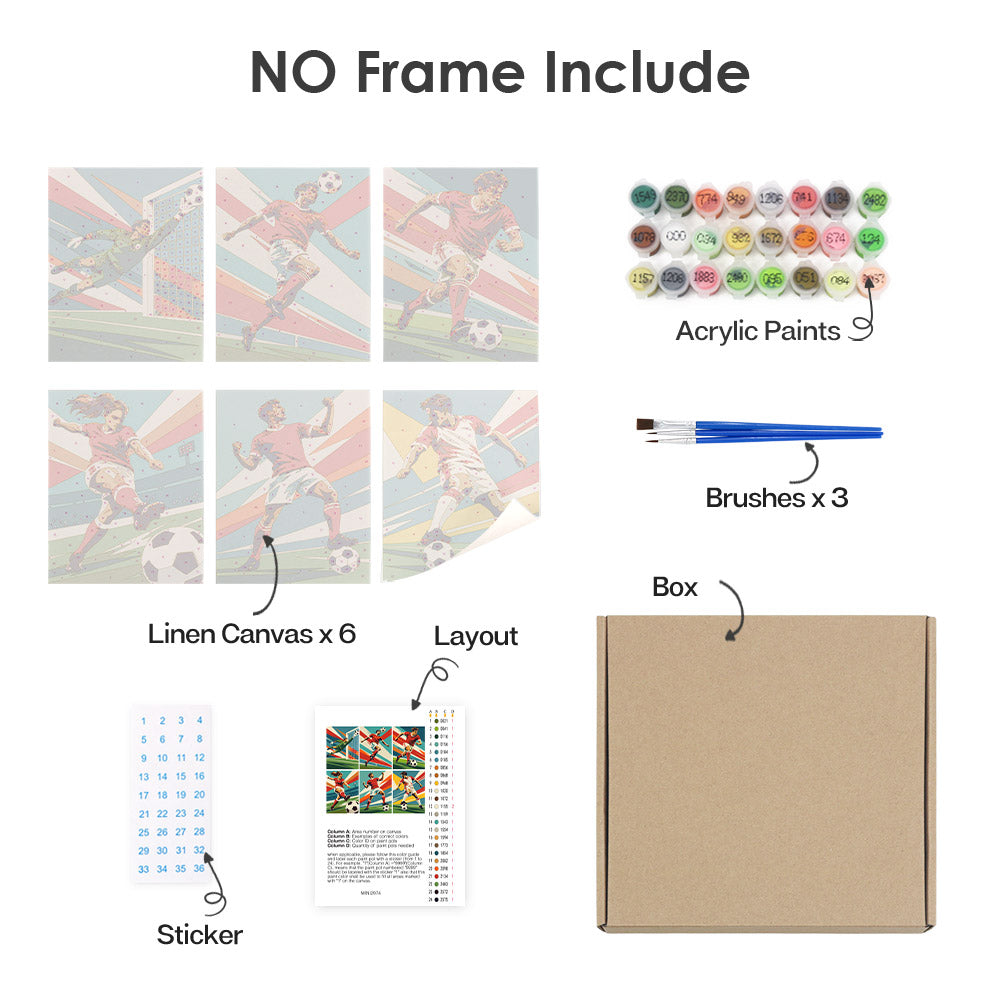 What's included without a frame: six rolled Soccer Glory mini canvases, acrylic paints, three brushes and layout