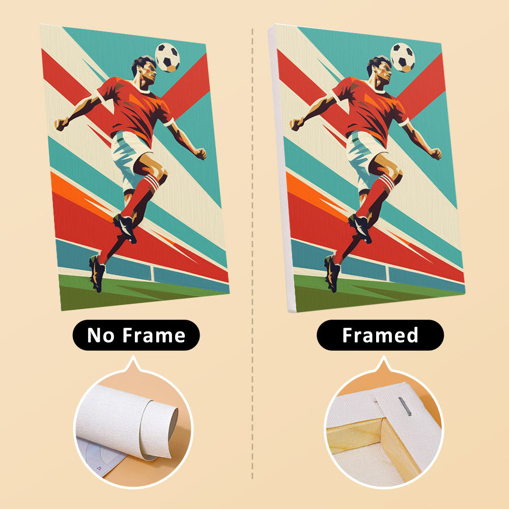 Soccer Glory mini canvas shown rolled without a frame and pre-stretched on a frame