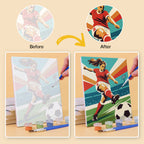 Before and after of a Soccer Glory mini paint by numbers canvas