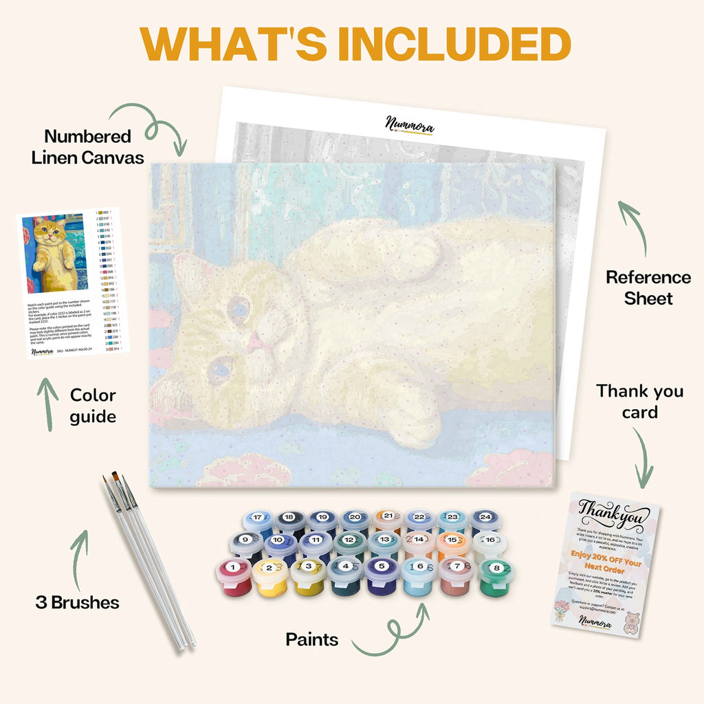 What's included in the Soft Dreams on a Blue Pillow paint by numbers kit: numbered linen canvas, reference sheet, color guide, 24 acrylic paints, 3 brushes and thank you card