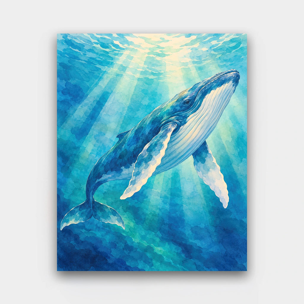 Song of the Humpback paint by numbers kit of a humpback whale gliding through blue water and sun rays in watercolor