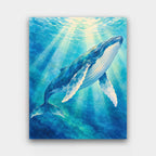 Song of the Humpback paint by numbers kit of a humpback whale gliding through blue water and sun rays in watercolor