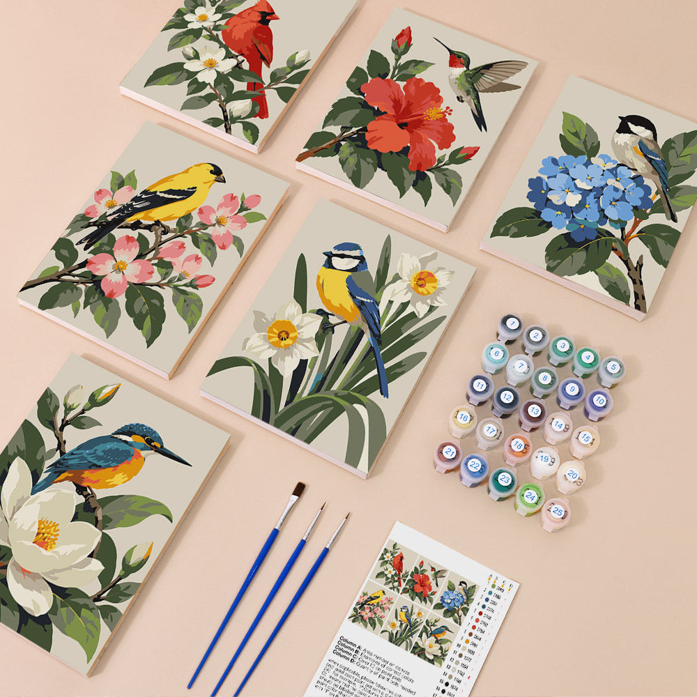 Songbird Blooms mini paint by numbers kit with six numbered canvases, acrylic paints, brushes and layout