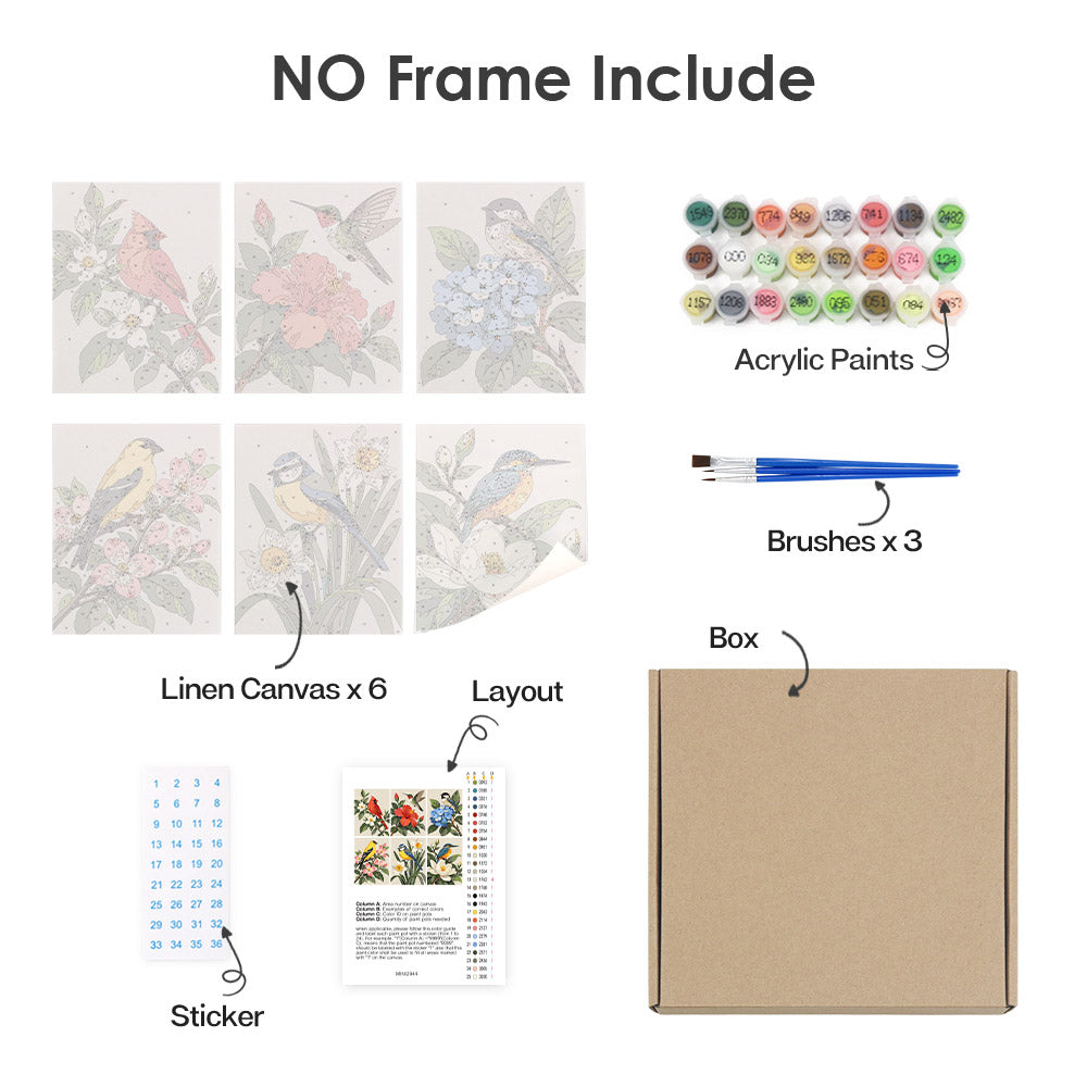 What's included without a frame: six rolled Songbird Blooms mini canvases, acrylic paints, three brushes and layout
