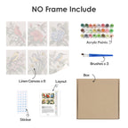 What's included without a frame: six rolled Songbird Blooms mini canvases, acrylic paints, three brushes and layout
