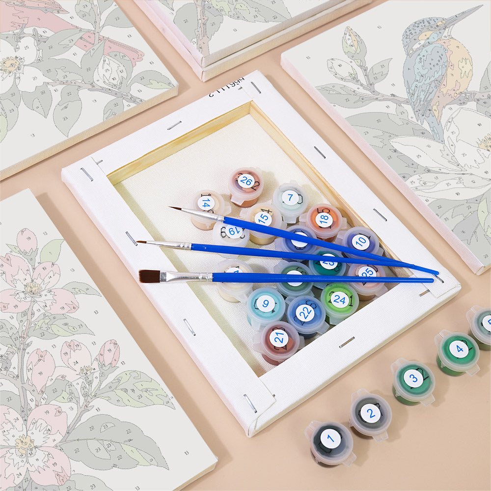 Numbered paint pots and brushes on a pre-stretched Songbird Blooms mini canvas