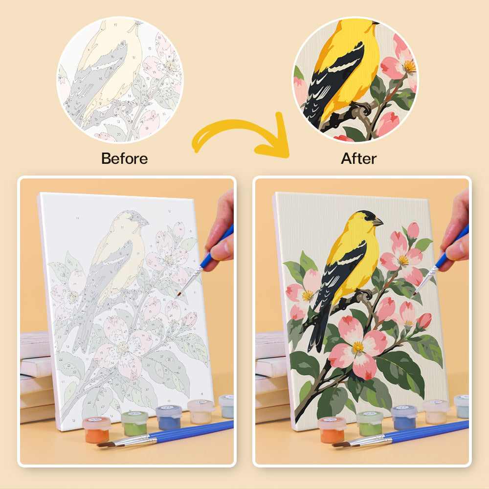 Before and after of a Songbird Blooms mini paint by numbers canvas