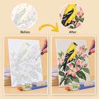 Before and after of a Songbird Blooms mini paint by numbers canvas