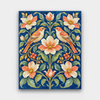 Songbirds and Vines paint by numbers kit of two songbirds among curling vines, peach blossoms and berries on a deep indigo background