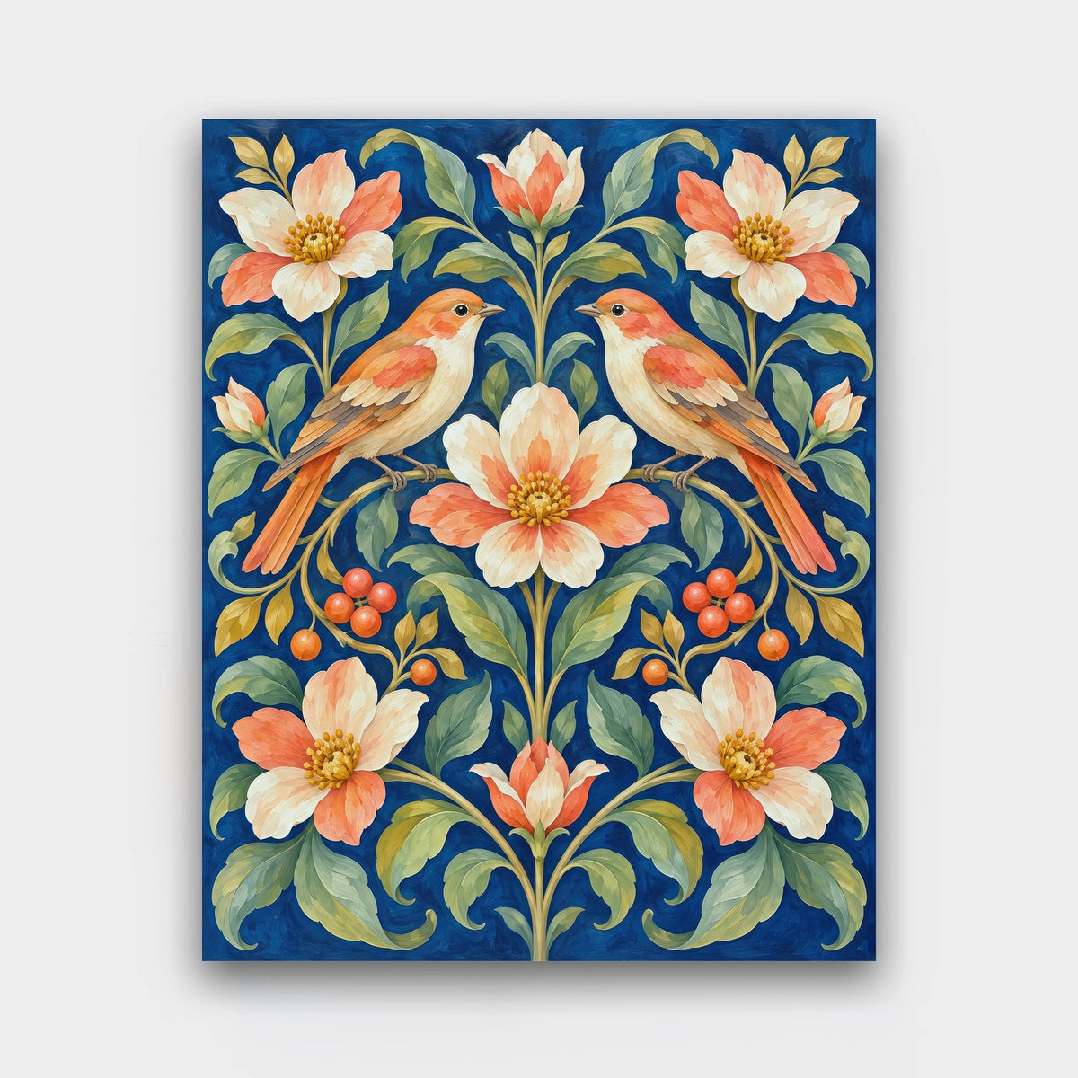 Songbirds and Vines paint by numbers kit of two songbirds among curling vines, peach blossoms and berries on a deep indigo background