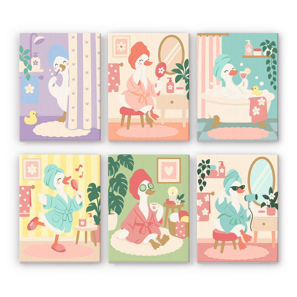 Spa Day Ducks mini paint by numbers set: six designs of ducks in bathrobes enjoying a bath, face masks and pampering