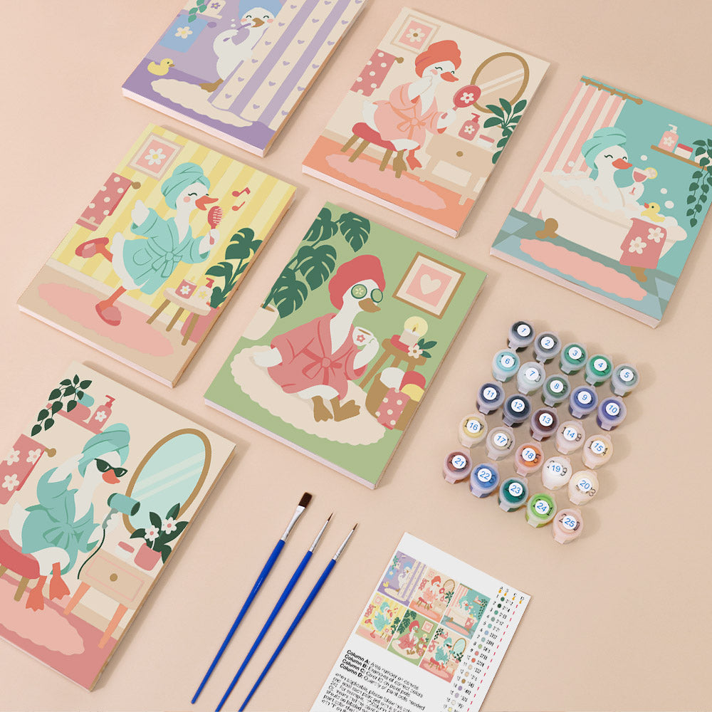 Spa Day Ducks mini paint by numbers kit with six numbered canvases, acrylic paints, brushes and layout
