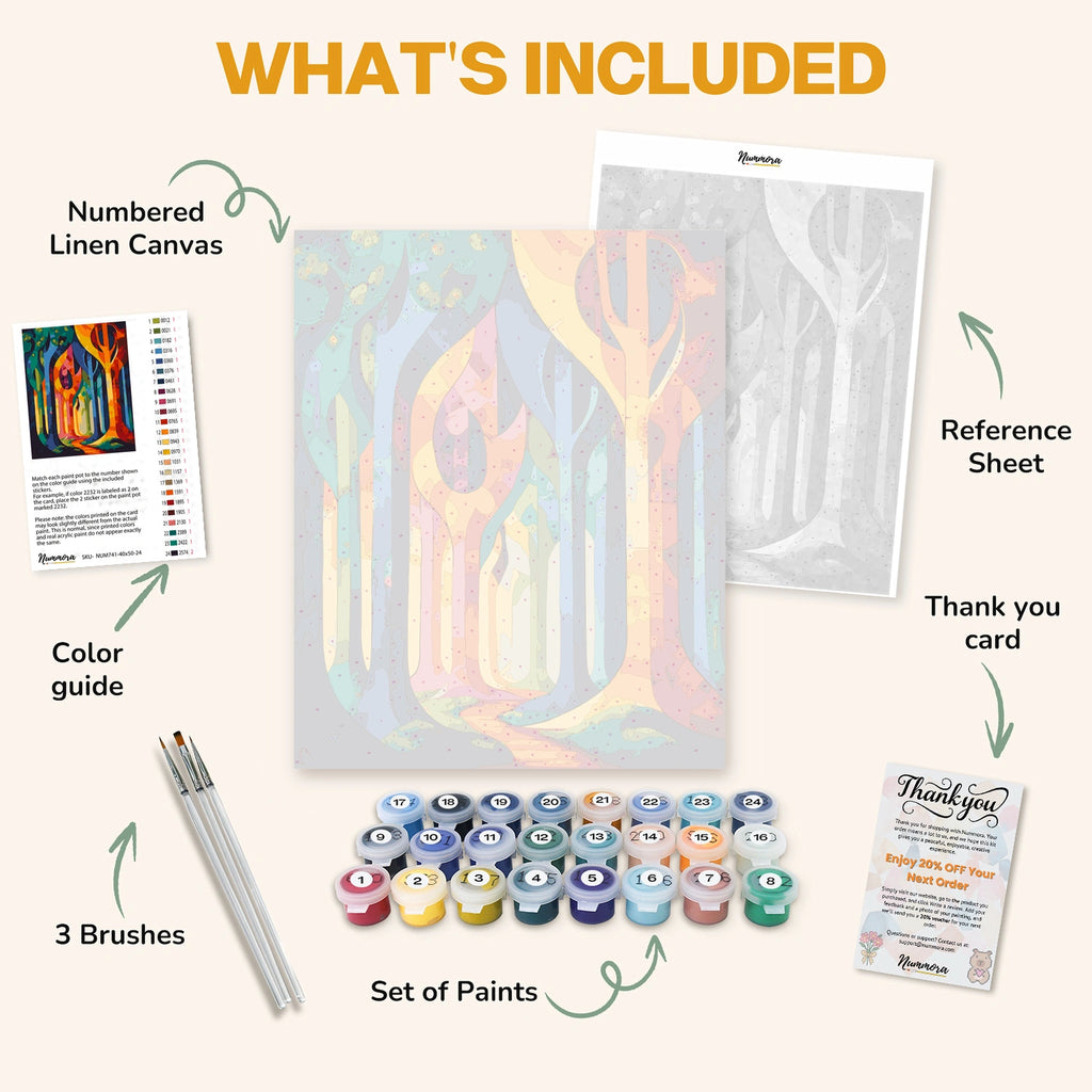 What's included in the Spectrum of the Woods paint by numbers kit: numbered linen canvas, reference sheet, color guide, 24 acrylic paints, 3 brushes and thank you card