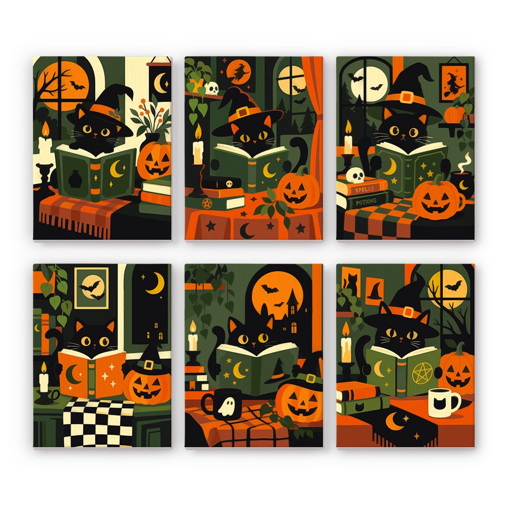 Spellbook Cats mini paint by numbers set: six black cats reading spellbooks in cozy candlelit rooms with pumpkins and full moons