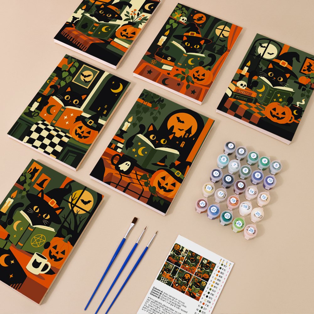 Spellbook Cats mini paint by numbers kit with six numbered canvases, acrylic paints, brushes and layout