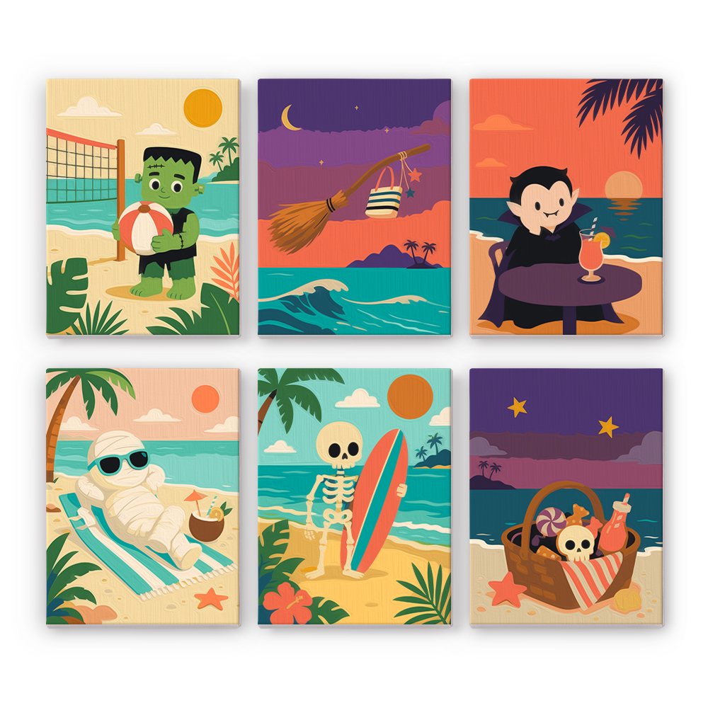 Spooky Beach Party mini paint by numbers set: six Summerween scenes with a beach-ball monster, a vampire, a sunbathing mummy and a surfing skeleton