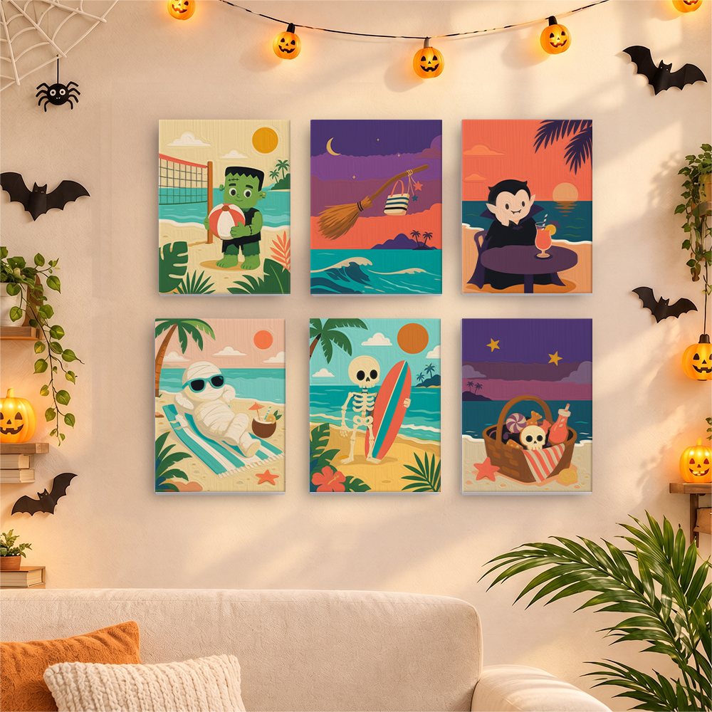 Six finished Spooky Beach Party mini paintings hung on a wall above a table