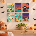 Spooky Beach Party mini paintings displayed as a gallery wall in a sunny kitchen