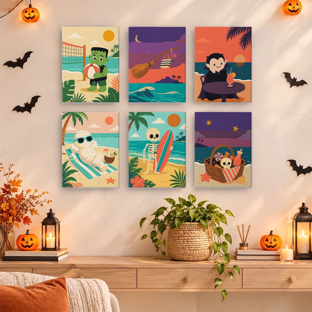 Spooky Beach Party mini paintings displayed as a gallery wall in a sunny kitchen