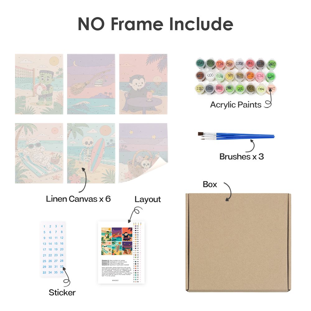 What's included without a frame: six rolled Spooky Beach Party mini canvases, acrylic paints, three brushes and layout