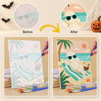 Before and after of a Spooky Beach Party mini paint by numbers canvas