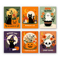 Spooky Blooms mini paint by numbers set: six floral Halloween designs with black cats, a ghost in a flower pot, a pumpkin bouquet and a skull with blooms