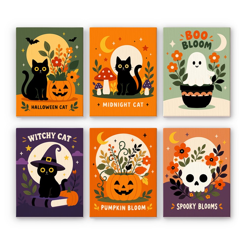 Spooky Blooms mini paint by numbers set: six floral Halloween designs with black cats, a ghost in a flower pot, a pumpkin bouquet and a skull with blooms